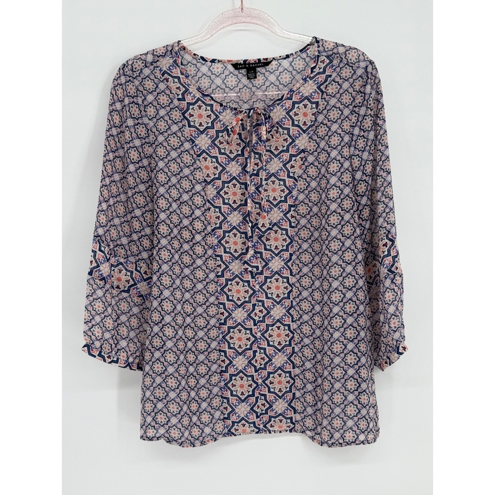 Zac & Rachel Womens Blue Orange Medallion Print Tie Neck 3/4 Sleeve Blouse Sz L